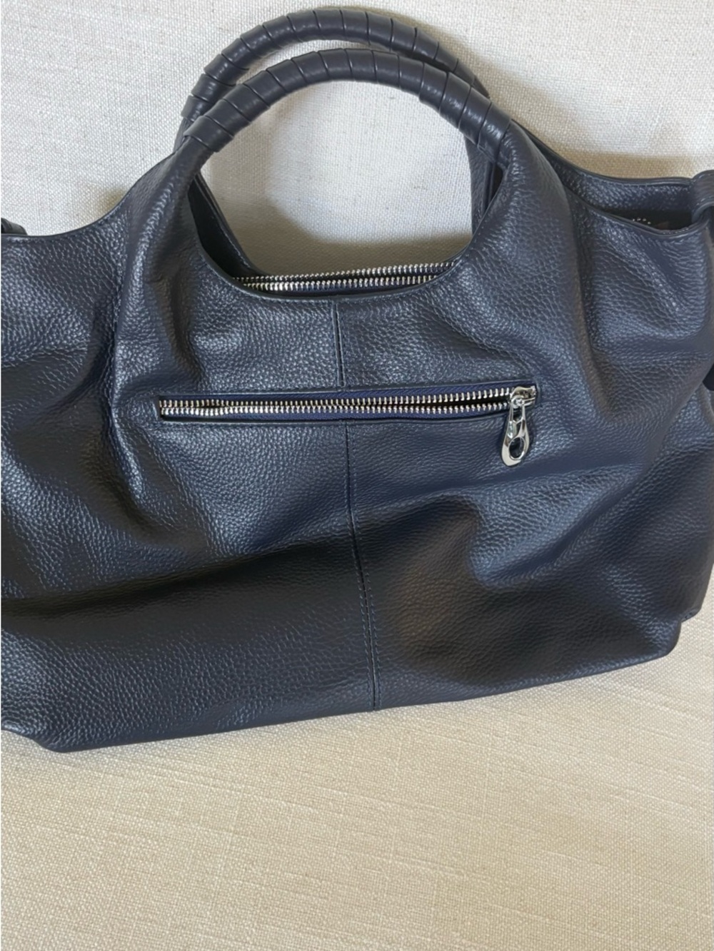 Leather Wrapped-Handle Tote in navy